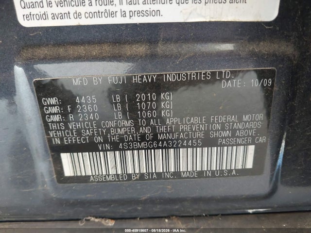 Продаж на аукціоні авто 2010 Subaru Legacy 2.5i Premium, vin: 4S3BMBG64A3224455, номер лоту: 45915607