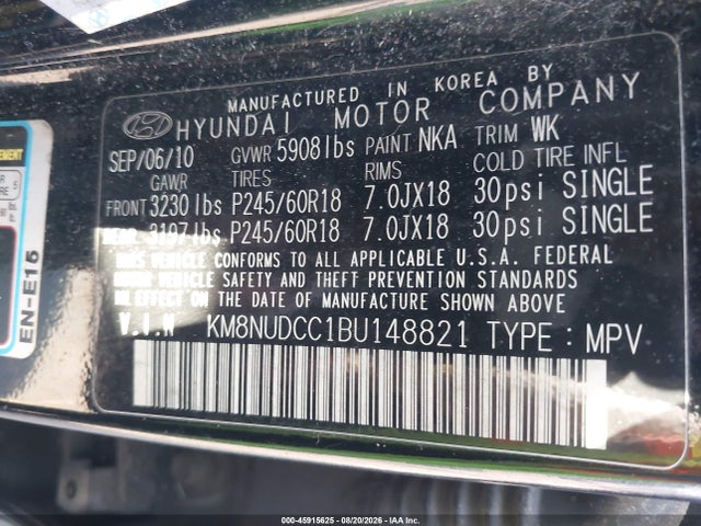 45915625 :رقم المزاد ، KM8NUDCC1BU148821 vin ، 2011 Hyundai Veracruz Limited مزاد بيع