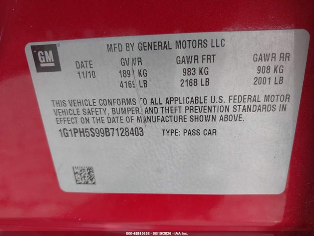 2011 Chevrolet Cruze Ltz მანქანა იყიდება აუქციონზე, vin: 1G1PH5S99B7128403, აუქციონის ნომერი: 45915658