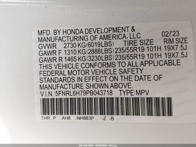 5FNRL6H79PB043718 Honda Odyssey Sport