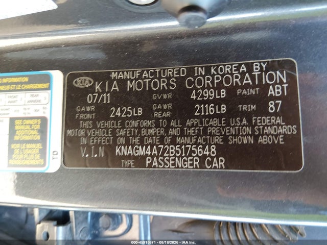 Продажа на аукционе авто 2011 Kia Optima Lx, vin: KNAGM4A72B5175648, номер лота: 45915671