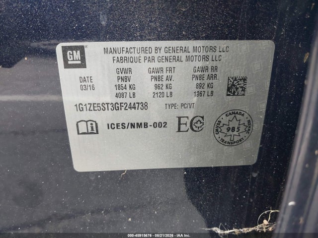 Продаж на аукціоні авто 2016 Chevrolet Malibu 1lt, vin: 1G1ZE5ST3GF244738, номер лоту: 45915676