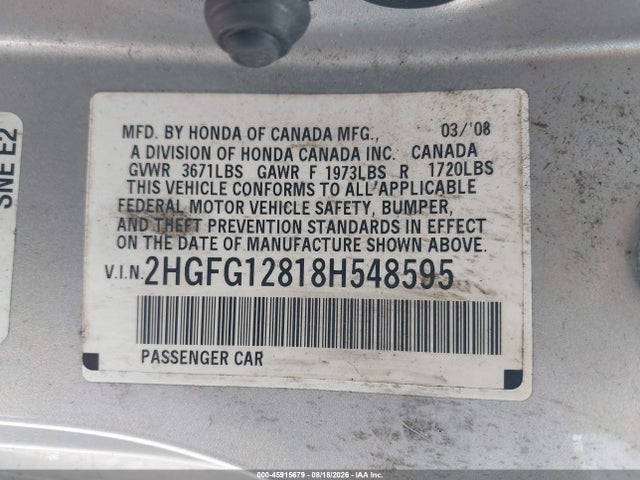45915679 :رقم المزاد ، 2HGFG12818H548595 vin ، 2008 Honda Civic Ex مزاد بيع