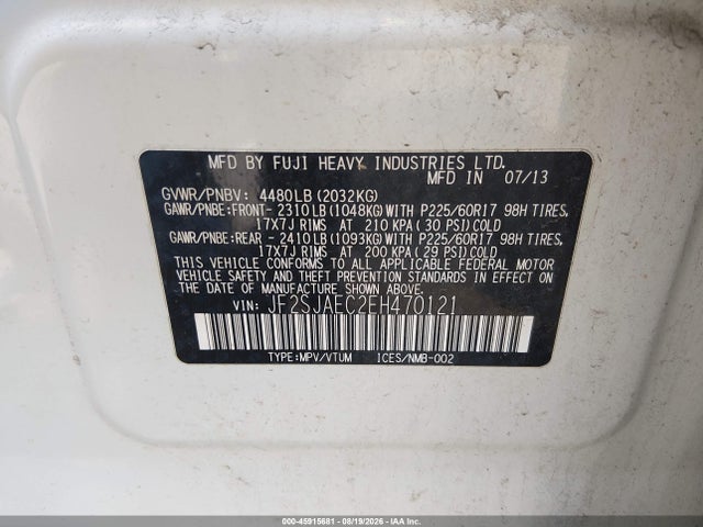 2014 Subaru Forester 2.5i Premium მანქანა იყიდება აუქციონზე, vin: JF2SJAEC2EH470121, აუქციონის ნომერი: 45915681