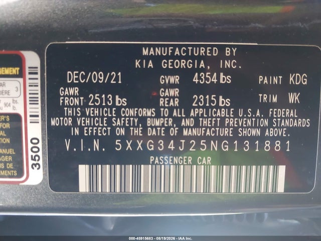 Продажа на аукционе авто 2022 Kia K5 Ex, vin: 5XXG34J25NG131881, номер лота: 45915683