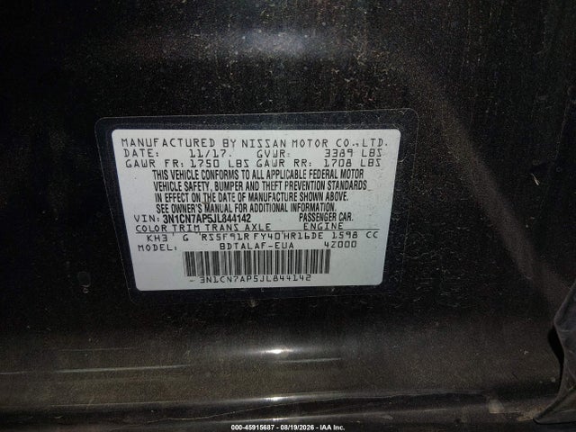 Aukcja sprzedaży 2018 Nissan Versa 1.6 S, vin: 3N1CN7AP5JL844142, numer aukcji: 45915687