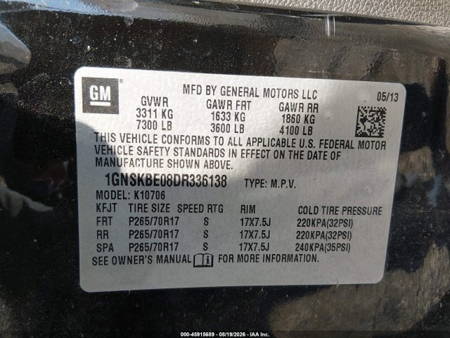 Продажа на аукционе авто 2013 Chevrolet Tahoe K1500 Lt, vin: 1GNSKBE08DR336138, номер лота: 45915689