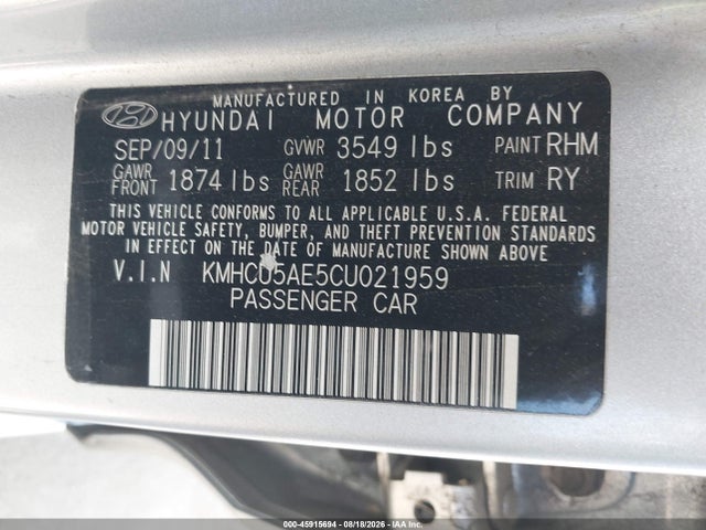 45915694 :رقم المزاد ، KMHCU5AE5CU021959 vin ، 2012 Hyundai Accent Se مزاد بيع