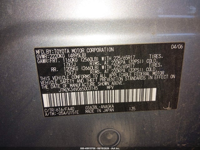 2006 Toyota Rav4 Limited V6 მანქანა იყიდება აუქციონზე, vin: JTMZK34V065003145, აუქციონის ნომერი: 45915708