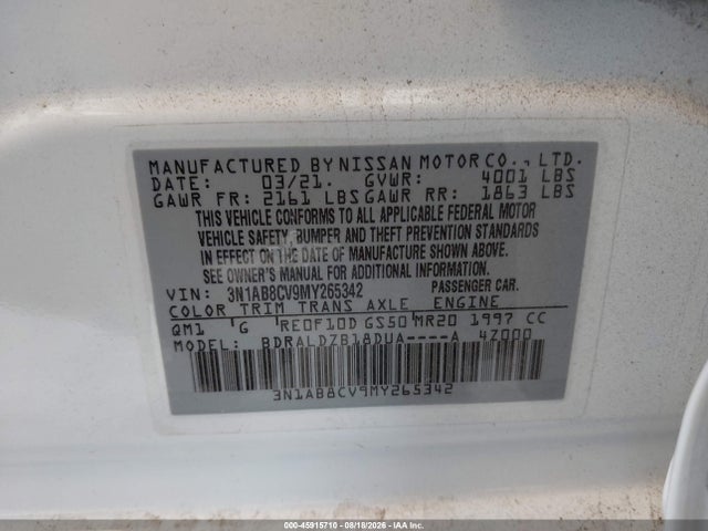 Продажа на аукционе авто 2021 Nissan Sentra Sv Xtronic Cvt, vin: 3N1AB8CV9MY265342, номер лота: 45915710