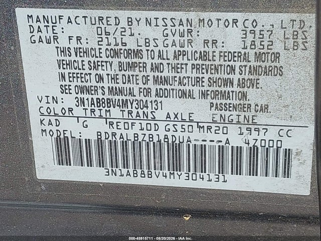 Продаж на аукціоні авто 2021 Nissan Sentra S Xtronic Cvt, vin: 3N1AB8BV4MY304131, номер лоту: 45915711