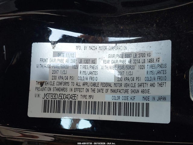 Продажа на аукционе авто 2013 Mazda Cx-9 Grand Touring, vin: JM3TB3DV5D0404651, номер лота: 45915738