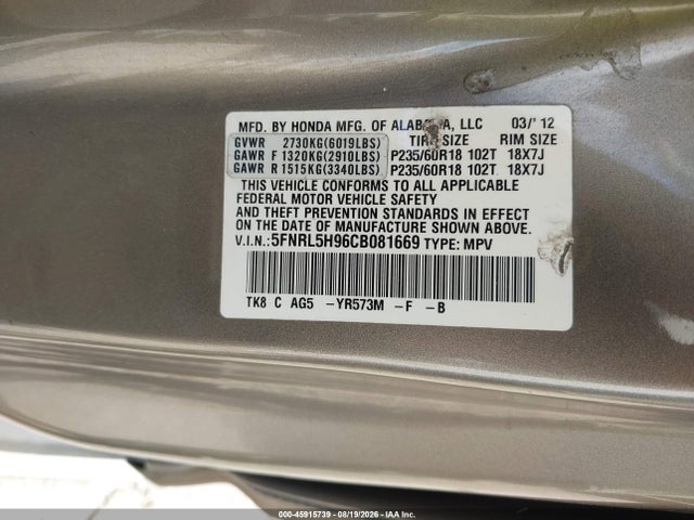 Aukcja sprzedaży 2012 Honda Odyssey Touring/touring Elite, vin: 5FNRL5H96CB081669, numer aukcji: 45915739