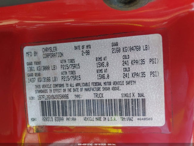 Продаж на аукціоні авто 1998 Dodge Dakota Slt/sport, vin: 1B7FL26X9WS650086, номер лоту: 45915742