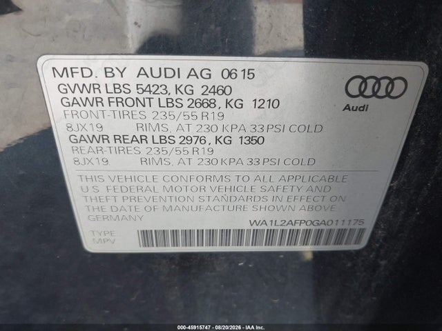 Продажа на аукционе авто 2016 Audi Q5 2.0t Premium, vin: WA1L2AFP0GA011175, номер лота: 45915747