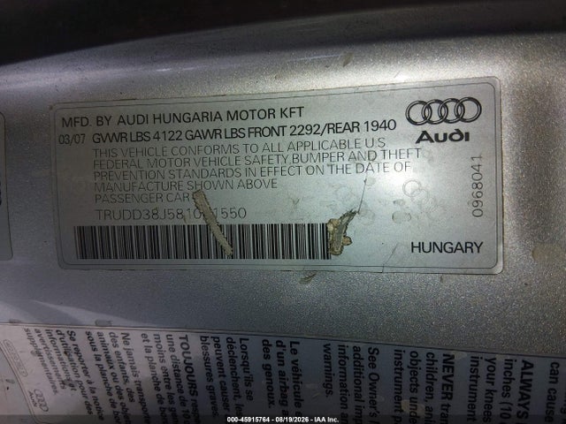 Продаж на аукціоні авто 2008 Audi Tt 3.2, vin: TRUDD38J581001550, номер лоту: 45915764