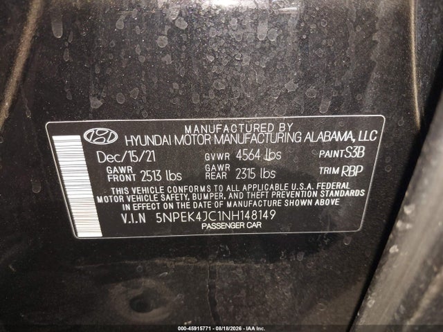 Продаж на аукціоні авто 2022 Hyundai Sonata N Line, vin: 5NPEK4JC1NH148149, номер лоту: 45915771