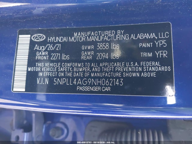 5NPLL4AG9NH062143 Hyundai ELANTRA SE