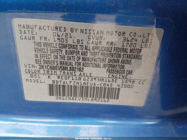 45915790 :رقم المزاد ، 3N1CN8EV5ML892162 vin ، 2021 Nissan Versa Sv Xtronic Cvt مزاد بيع