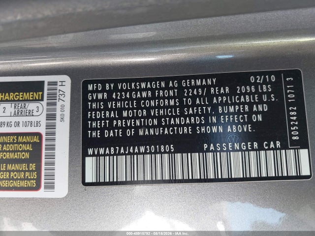 Aukcja sprzedaży 2010 Volkswagen Golf 2-door, vin: WVWAB7AJ4AW301805, numer aukcji: 45915792