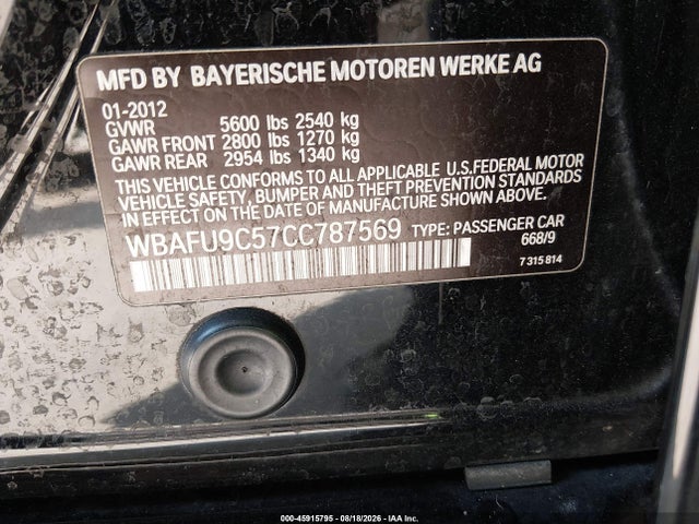 Aukcja sprzedaży 2012 Bmw 550i Xdrive, vin: WBAFU9C57CC787569, numer aukcji: 45915795