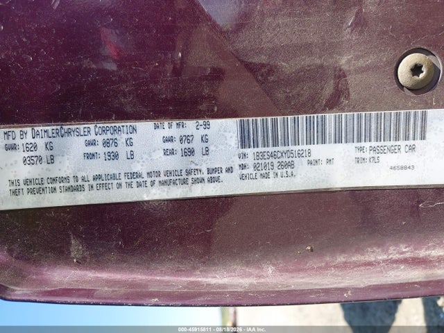 2000 Dodge Neon Highline მანქანა იყიდება აუქციონზე, vin: 1B3ES46CXYD516218, აუქციონის ნომერი: 45915811