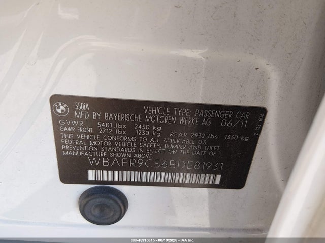 45915815 :رقم المزاد ، WBAFR9C56BDE81931 vin ، 2011 Bmw 550i مزاد بيع