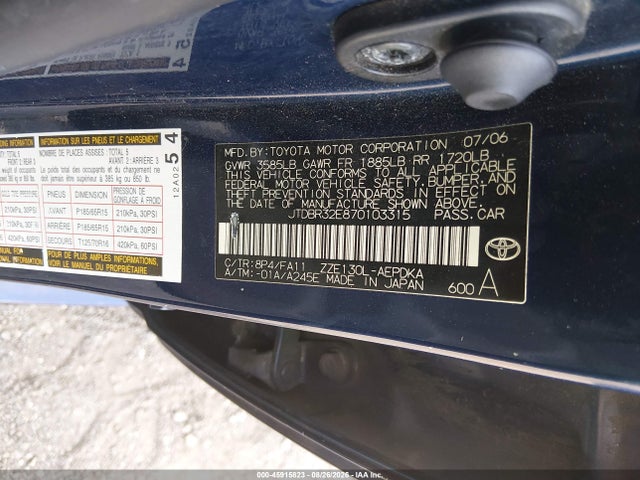 Aukcja sprzedaży 2007 Toyota Corolla Ce/le/s, vin: JTDBR32E870103315, numer aukcji: 45915823