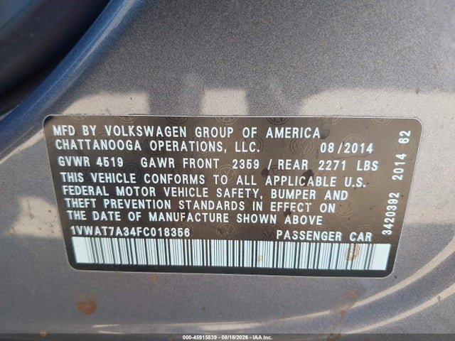 1VWAT7A34FC018356 Volkswagen Passat 1.8t Wolfsburg Edition