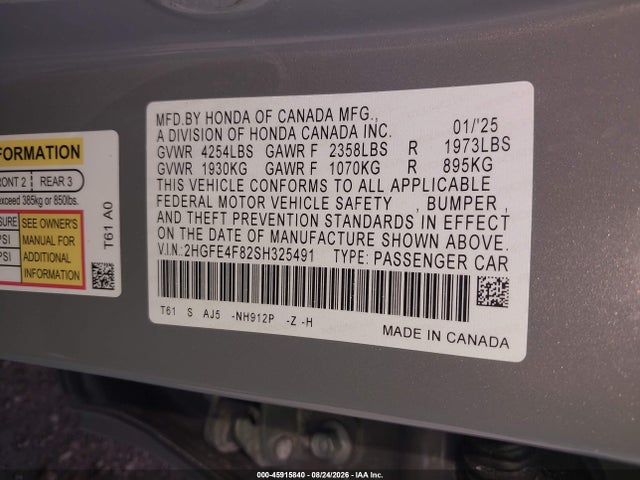 Aukcja sprzedaży 2025 Honda Civic Hybrid Sport/sport Touring, vin: 2HGFE4F82SH325491, numer aukcji: 45915840