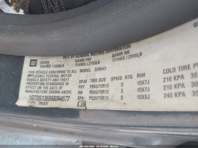 45915859 :رقم المزاد ، 1GTDS136068264573 vin ، 2006 Gmc Canyon Slt مزاد بيع