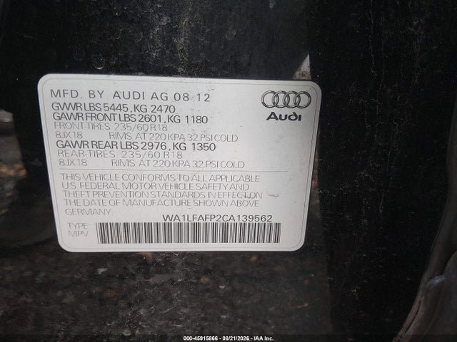 2012 Audi Q5 2.0t Premium მანქანა იყიდება აუქციონზე, vin: WA1LFAFP2CA139562, აუქციონის ნომერი: 45915866