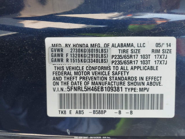 Honda ODYSSEY EX 2014 5FNRL5H46EB109381 Image 9
