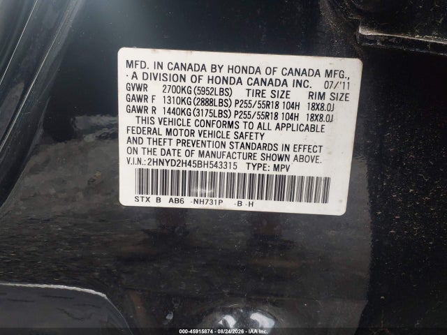Продажа на аукционе авто 2011 Acura Mdx Technology Package, vin: 2HNYD2H45BH543315, номер лота: 45915874