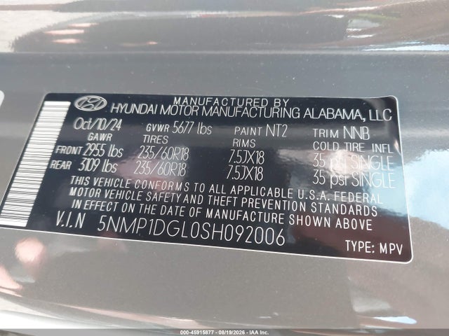 Продаж на аукціоні авто 2025 Hyundai Santa Fe Se, vin: 5NMP1DGL0SH092006, номер лоту: 45915877