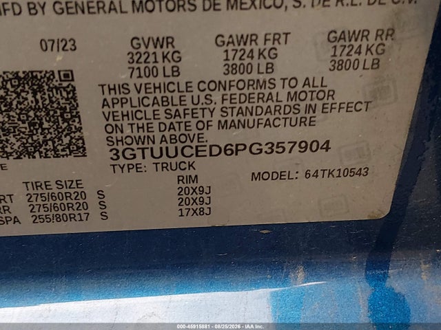 2023 Gmc Sierra 1500 მანქანა იყიდება აუქციონზე, vin: 3GTUUCED6PG357904, აუქციონის ნომერი: 45915881
