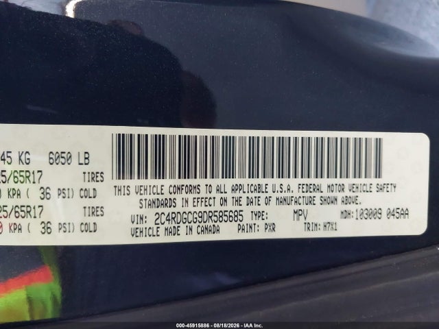 45915886 :رقم المزاد ، 2C4RDGCG9DR585685 vin ، 2013 Dodge Grand Caravan Sxt مزاد بيع