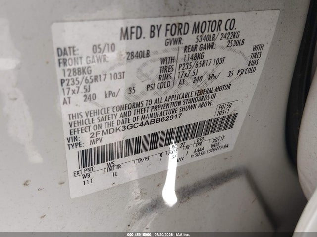 45915900 :رقم المزاد ، 2FMDK3GC4ABB62917 vin ، 2010 Ford Edge Se مزاد بيع