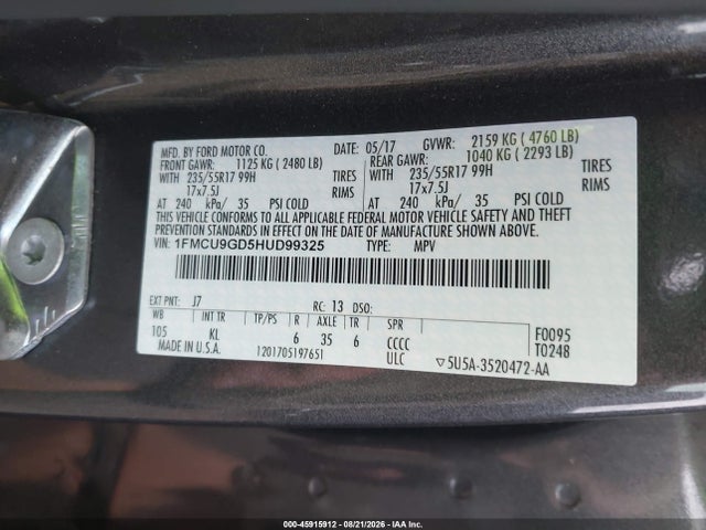 Продаж на аукціоні авто 2017 Ford Escape Se, vin: 1FMCU9GD5HUD99325, номер лоту: 45915912