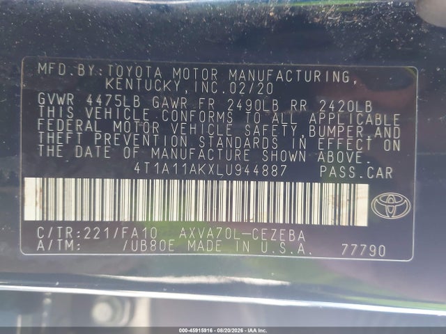 45915916 :رقم المزاد ، 4T1A11AKXLU944887 vin ، 2020 Toyota Camry L مزاد بيع
