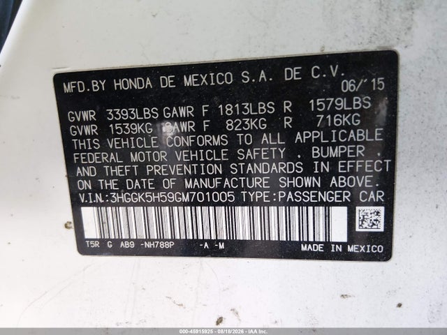 45915925 :رقم المزاد ، 3HGGK5H59GM701005 vin ، 2016 Honda Fit Lx مزاد بيع