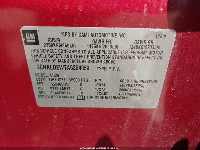 2010 Chevrolet Equinox Lt მანქანა იყიდება აუქციონზე, vin: 2CNALDEW7A6264059, აუქციონის ნომერი: 45915937