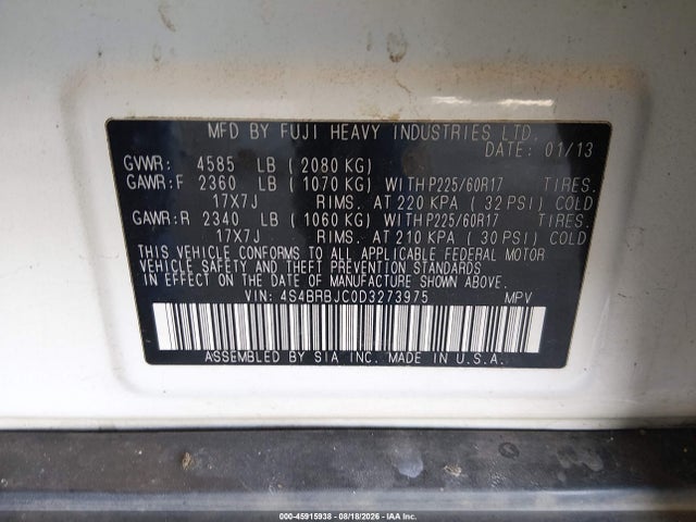 45915938 :رقم المزاد ، 4S4BRBJC0D3273975 vin ، 2013 Subaru Outback 2.5i Limited مزاد بيع