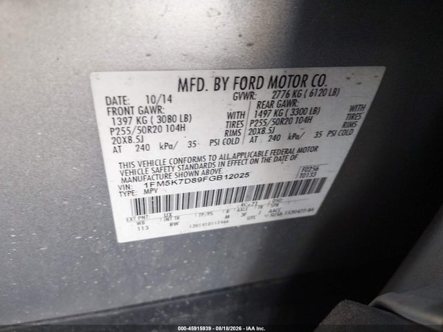 1FM5K7D89FGB12025 Ford EXPLORER XLT