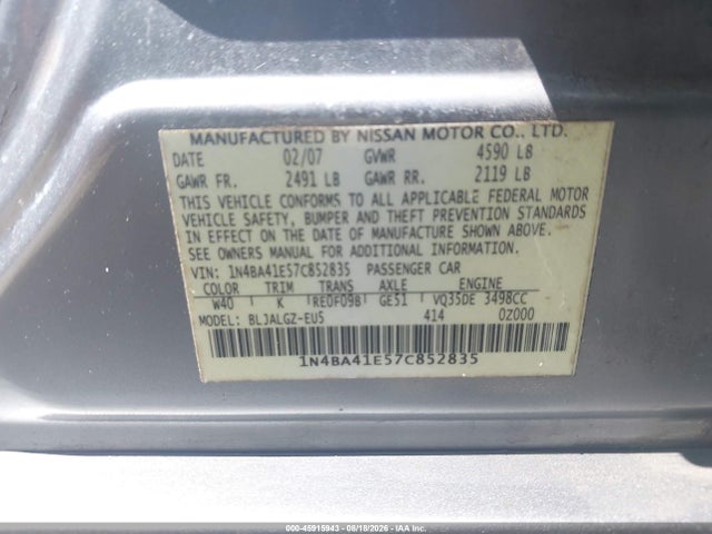 Продаж на аукціоні авто 2007 Nissan Maxima 3.5 Sl, vin: 1N4BA41E57C852835, номер лоту: 45915943
