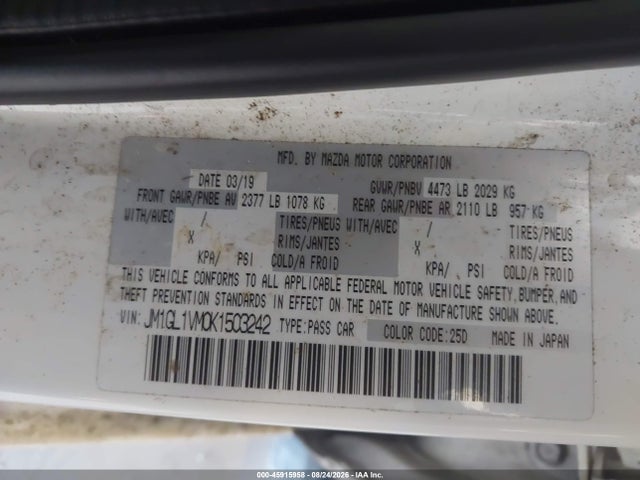 Auction sale of the 2019 Mazda Mazda6 Touring, vin: JM1GL1VM0K1503242, lot number: 45915958