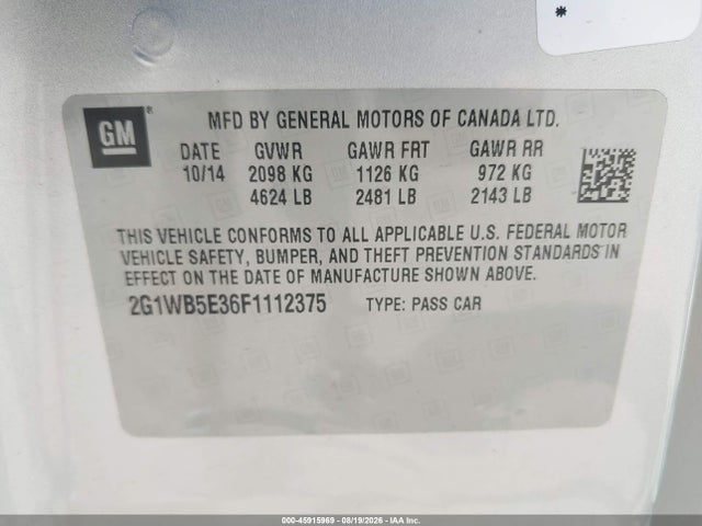Chevrolet Impala Limited Lt 2015 2G1WB5E36F1112375 Image 9