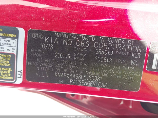 2014 Kia Forte Lx მანქანა იყიდება აუქციონზე, vin: KNAFX4A68E5150381, აუქციონის ნომერი: 45916000
