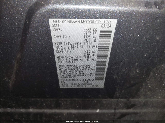 Aukcja sprzedaży 2014 Infiniti Qx60, vin: 5N1AL0MMXEC531202, numer aukcji: 45916002