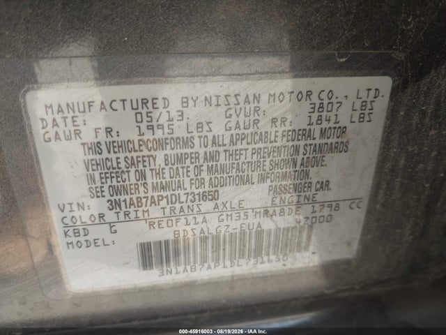 Aukcja sprzedaży 2013 Nissan Sentra Sl, vin: 3N1AB7AP1DL731650, numer aukcji: 45916003